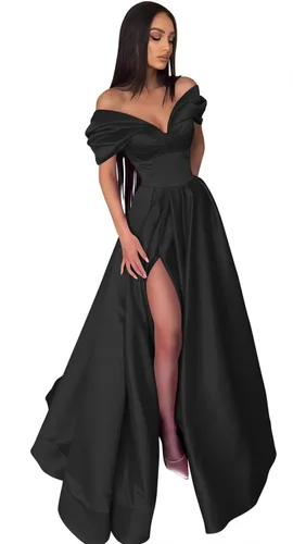 Vista 5 de Miao Duo Vestidos de fiesta de novia con hombros descubiertos para mujer, largos con bolsillos, plisados, vestidos de noche formales de satén