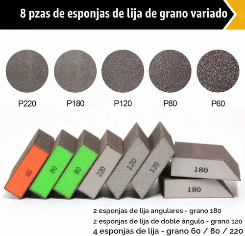 Vista 2 de BOSHCRAFT Juego de 8 esponjas de lijado, grano 80/120/180/220, 2 piezas cada una, bloque de lijado lavable y reutilizable para paneles de yeso