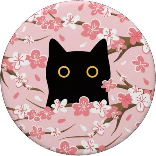 Vista 3 de PopSockets con adhesivo PopGrip con diseño de gato negro con diseño de cerezo japonés