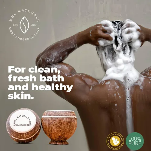 Vista 3 de MGL Naturals Jabón negro africano crudo en olla de coco Premium y orgánico Limpieza profunda facial y corporal. Para acné, eccema y manchas