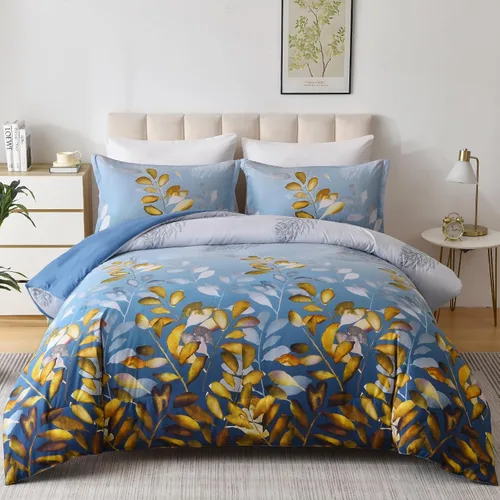 Vista 13 de DJY Juego de edredón beige tamaño Queen, edredón de 3 piezas con hojas botánicas marrones con 2 fundas de almohada, tamaño Queen, juego de edredón