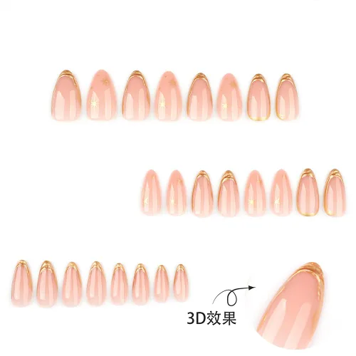 Vista 2 de Uñas postizas a presión de almendra, uñas postizas medianas con diseños de estampado francés de lámina dorada 3D, pegamento dorado Starlight en uñas