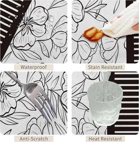 Vista 4 de Mantel rectangular floral de 52 x 70 pulgadas, color blanco y negro, estampado floral, a prueba de derrames y aceite, para cocina, comedor