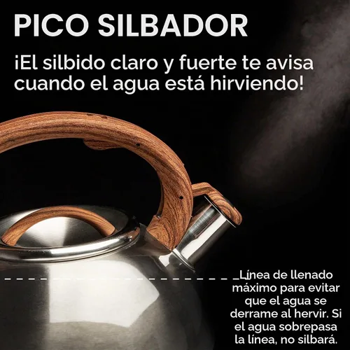 Vista 6 de Tetera silbante Primula Avalon, con boquilla silbante, con tapa de boquilla segura Acabado gris y madera