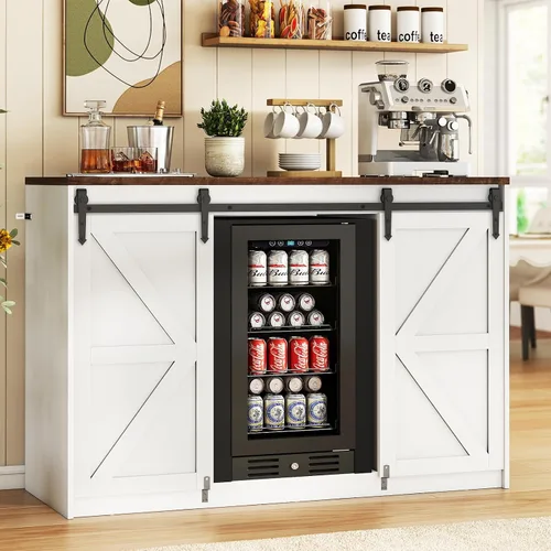 Vista 10 de Lamtor Barra de café con espacio para mini refrigerador, gabinete de barra de café con toma de corriente, mini gabinete de nevera estriado