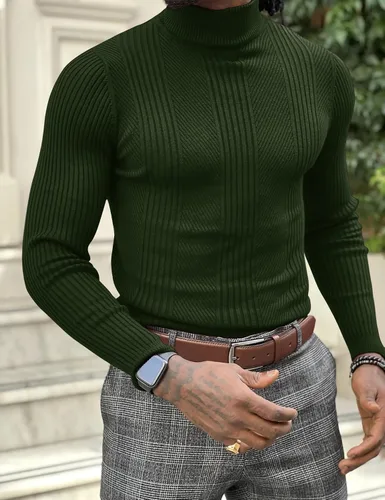 Vista 2 de Suéteres casuales de cuello alto para hombre, de punto acanalado suave, térmicos, básicos