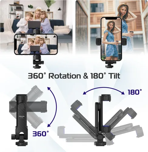 Vista 4 de Kaitezenz Soporte de trípode para teléfono celular, soporte universal para teléfono con 2 zapatos fríos, gira 360° inclina 180° para cámara, zapata