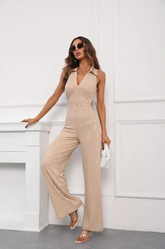 Vista 5 de Bellivera Overol casual de manga corta para mujer, con cordón, elegante, con botones, pantalón largo de una pieza