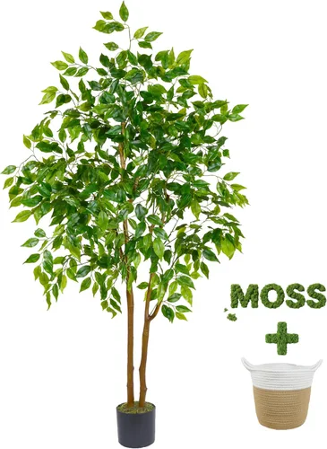 Vista 9 de Warmplants Árbol de ficus artificial, árbol de ficus falso de 4 pies de alto con canasta, planta sintética para interiores y exteriores, hogar, sala