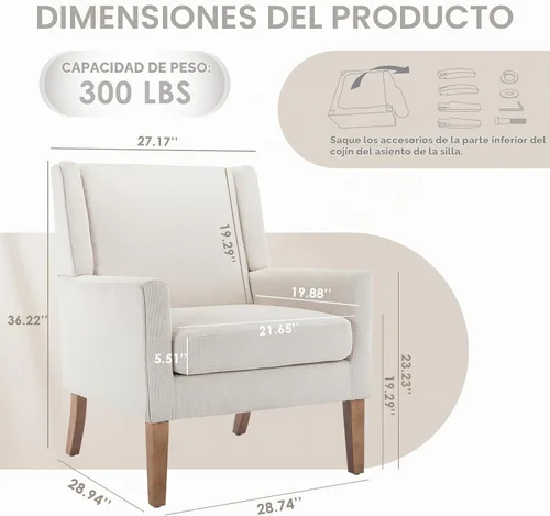 Vista 2 de COLAMY Silla moderna de ala para sala de estar, sillón tapizado de tela, sofá individual con asiento de salón y patas de madera para Beige