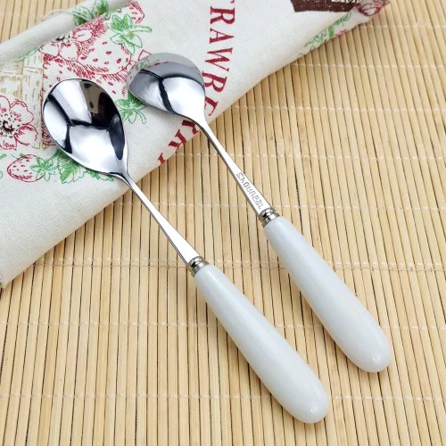 Vista 7 de 2 cucharaditas de acero inoxidable con mango de cerámica blanca (SUS304) de 5.5 pulgadas
