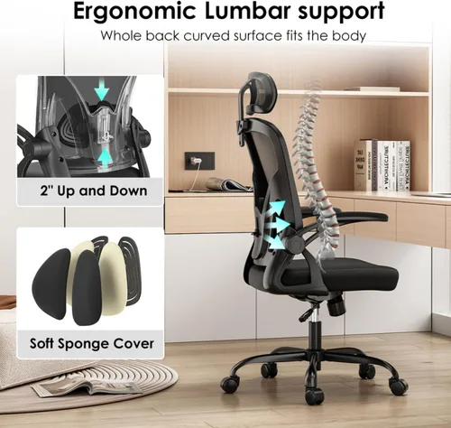 Vista 5 de Silla de oficina ergonómica, silla de escritorio para el hogar con reposacabezas ajustable y giratorio de 30°, soporte lumbar ajustable vertical