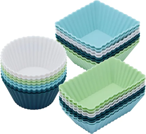Vista 9 de Paquete de 24 moldes de silicona para magdalenas, moldes reutilizables para cupcakes para hornear, divisores Bento de 3 formas para lonchera Colorido