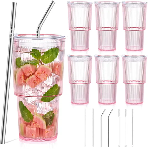 Vista 9 de 2 vasos de plástico de 15 onzas con tapas y pajita, tazas de plástico reutilizables para café helado, a prueba de fugas, vasos de viaje para café