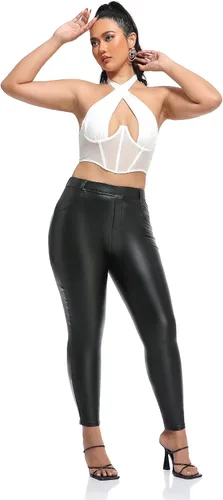 Vista 8 de Pantalones de cuero para mujer, leggings de piel sintética, sexy, color negro y rojo, mallas ajustadas para uso casual