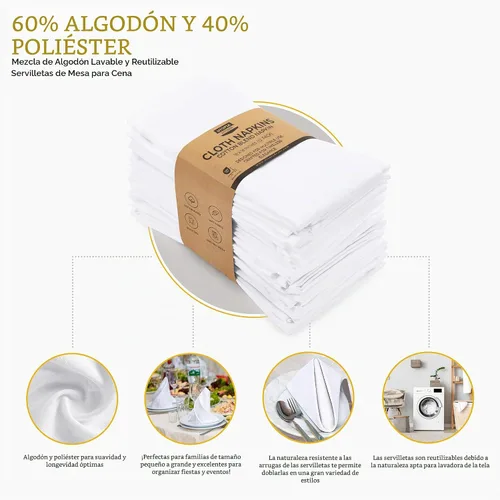 Vista 4 de Utopia Kitchen Servilletas de tela blanca, 12 unidades, 18 x 18 pulgadas, mezcla de algodón absorbente, lavables y reutilizables, para cenas 2-Blanco