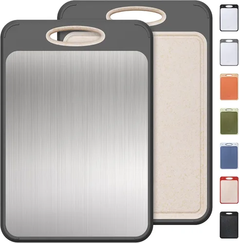 Vista 9 de Tabla de cortar de acero inoxidable 2 en 1 con mango para cortar las mejores tablas de cortar no tóxicas Tablas de cortar de 2 caras para cocina