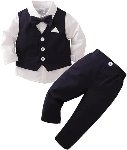 Vista 46 de IDOPIP Trajes de otoño e invierno para niños pequeños, camisa de manga larga con corbatín + chaleco + pantalones largos, overoles
