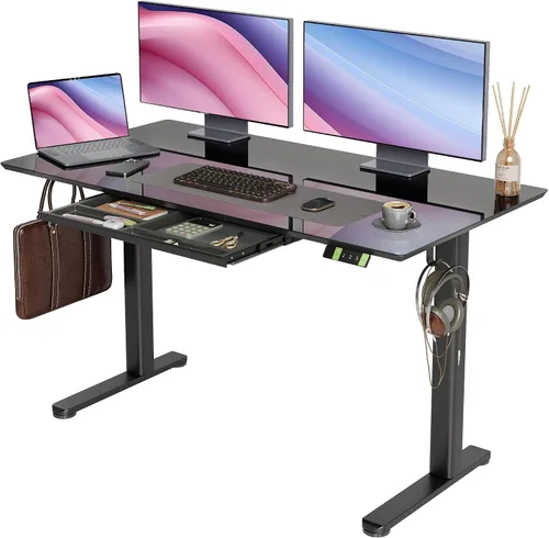 Vista 12 de INNOVAR Escritorio de pie de cristal con cajones, escritorio de pie ajustable de 32 x 19 pulgadas, escritorio de computadora de oficina en casa
