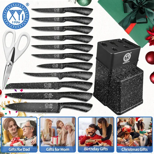 Vista 6 de XYJ juego de bloque con cuchillos de cocina, de acero inoxidable, con soporte, juego de cuchillos de chef profesional japonés, cuchillos para carne