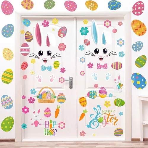 Vista 6 de Kajaia 4 piezas Adhesivos de puerta de Pascua felices Adhesivos de refrigerador Huevo de Pascua Flor de Pascua Conejo de Pascua Adhesivos de pared