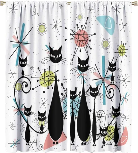 Vista 55 de Cortinas de estilo de mediados de siglo, diseño geométrico abstracto moderno, diseño retro, estampado de gato negro, para dormitorio, sala de estar