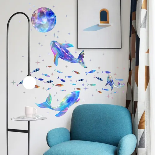 Vista 6 de Calcomanías de pared que brillan en la oscuridad del océano deslumbrante ballena, pez estrella, decoración de la habitación del bebé, decoración