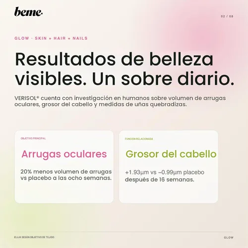 Vista 2 de BeMe Colágeno líquido Glow para mujer – VERISOL bovino, 30 paquetes