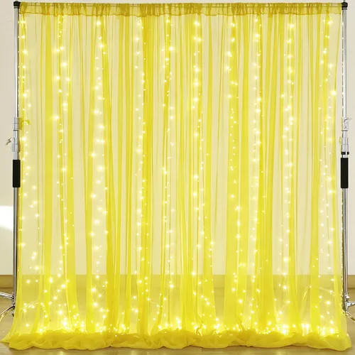 Vista 48 de Cortina de telón de fondo de tul negro de 10 x 10 pies con cadena de luces para fiestas, cortinas de fondo de fotos transparentes para bodas
