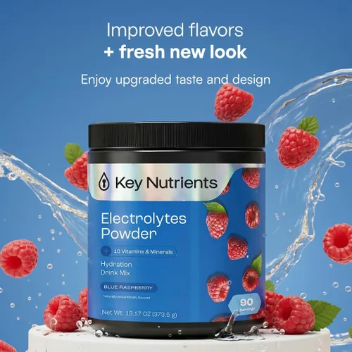 Vista 2 de KEY NUTRIENTS Electrolitos multivitamínicos en polvo sin azúcar - Polvo de electrolito de frambuesa azul dulce - Suplemento de resistencia y energía