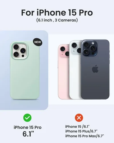 Vista 6 de Funda de silicona líquida delgada para iPhone 15 Pro, funda protectora a prueba de golpes de 6.1 pulgadas, protección antiarañazos contra caídas
