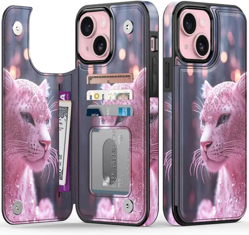 Vista 9 de FUNMIKO Funda tipo cartera para iPhone 15 con tarjetero + clip para efectivo, bloqueo RFID, protección contra caídas de grado militar y obras