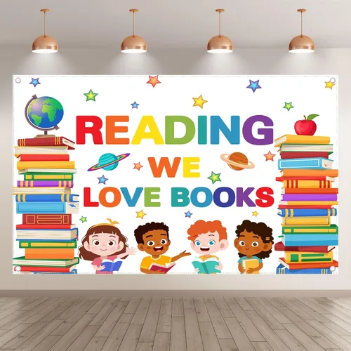 Vista 2 de Telón de fondo de lectura para el Día Mundial del Libro de 72 x 43 pulgadas, para aula, biblioteca, fotografía, fondo, estudiantes, niños