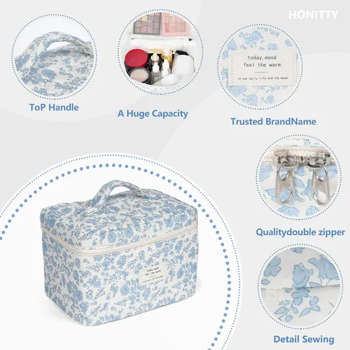 Vista 3 de honitty Bolsa de maquillaje, bolsas de cosméticos acolchadas, bolsas de maquillaje florales grandes para mujeres, organizador de maquillaje, bolsa