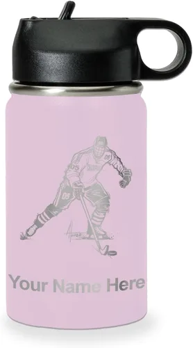 Vista 22 de LaserGram Botella de agua personalizada, jugador de hockey, acero inoxidable de doble pared aislada al vacío con popote superior, regalo grabado