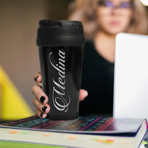Vista 4 de My Personal Memories Taza de café personalizada con monograma de viaje, grabada, 16 onzas (negro)