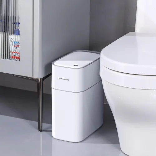 Vista 8 de JOYBOS Botes de basura pequeños para baño con tapas, cubo de basura automático de plástico blanco delgado de 3.8 galones, bote de basura estrecho