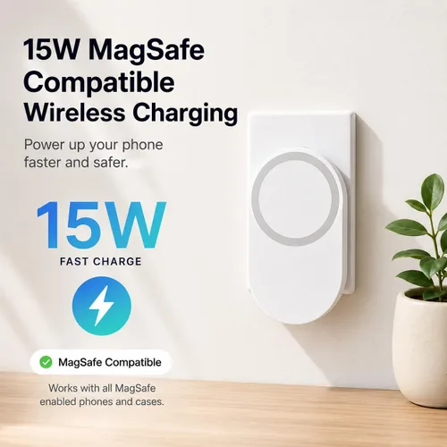 Vista 4 de IJS - Cargador inalámbrico MagSafe enchufable, soporte de pared magnético de 15 W para teléfonos inteligentes, compatible con iPhone 17, 15, 14, 13
