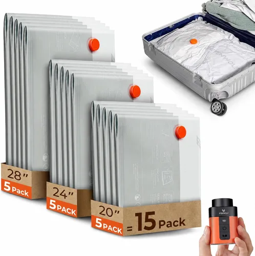 Vista 10 de ETENWOLF Paquete de 10 bolsas de almacenamiento al vacío reutilizables para viajes con bomba de aire recargable, sello de embalaje de compresión al