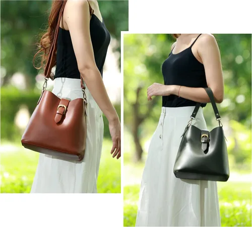 Vista 2 de Town Bucket - Bolsa de cuero vegano para mujer, estilo hobo, retro, imitación casual, monedero clásico, vintage, simple, bolso de hombro y cartera