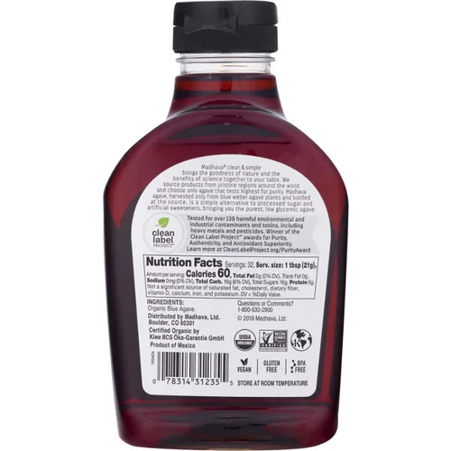 Vista 2 de MADHAVA Agave orgánico de comercio justo, botella de 23.5 onzas (paquete de 6) Néctar de agave azul 100% puro orgánico Edulcorante natural