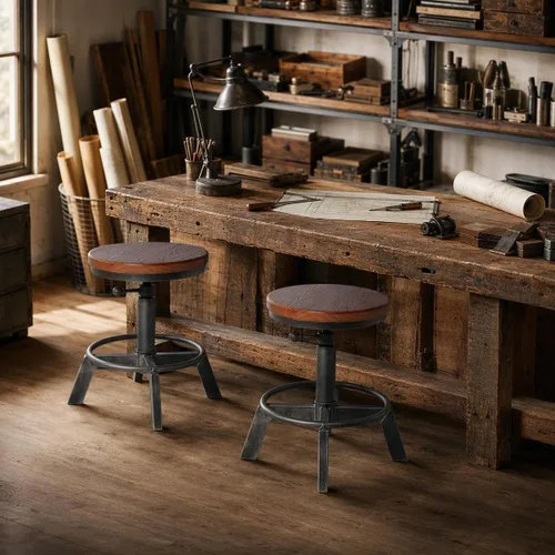 Vista 7 de Juego de 2 taburetes de bar industriales, sillas de altura de mostrador, asiento giratorio de madera, ajustable de 15.2-21 pulgadas Plateado