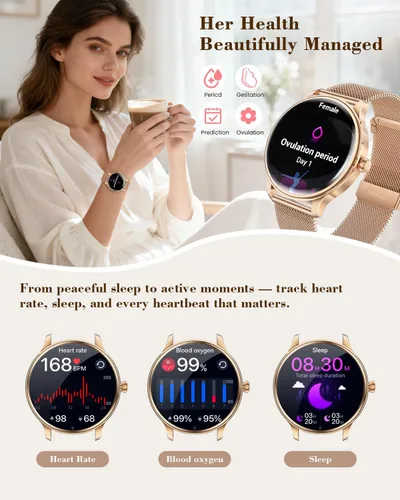 Vista 4 de WalkerFit Smartwatch for Women, 1.43” AMOLED Fitness Watch with Bluetooth Calling, Wireless Magnetic Charging, Female Health Tracker, 120+ Sports