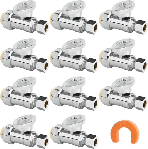 Vista 26 de Válvula de Parada Angular WiseWater 1/2" FNPT x 3/8" OD de Compresión, Válvula de Cierre de Inodoro de Cuarto de Vuelta de Latón Cromado para Baño