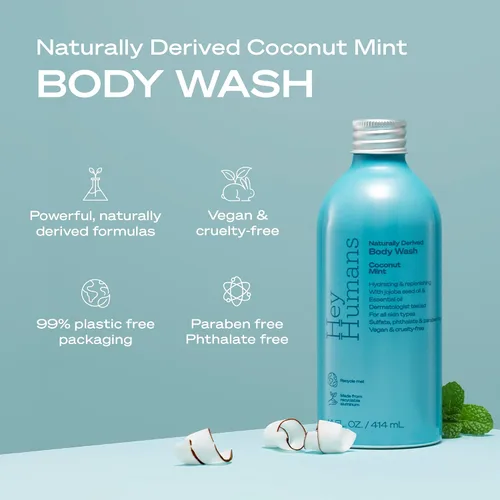 Vista 2 de Hey Humans Gel de baño hidratante de menta de coco con ingredientes naturales y aceite de jojoba, limpio, vegano, sin sulfatos para baño y baño