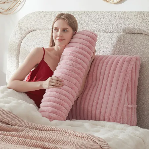 Vista 20 de Almohada de cabecero + Una almohada larga de cuello enrollado Almohada para el cuerpo, almohada de cuña de cabecero de pelo sintético con funda Beige