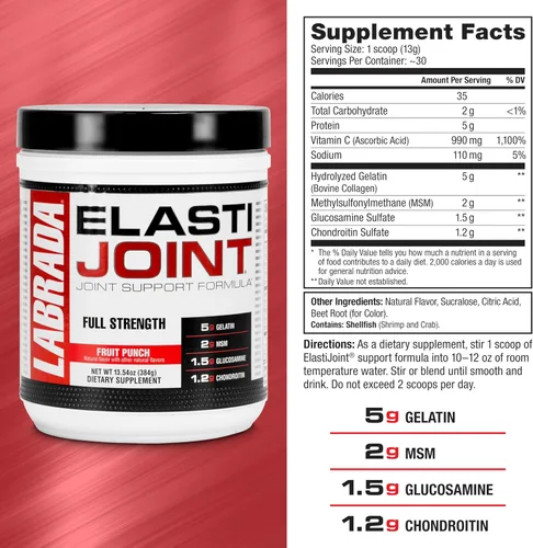 Vista 6 de Labrada Elastijoint - Polvo de soporte para articulaciones, mezcla de bebida todo en uno con glucosamina condroitina, MSM y colágeno, ponche