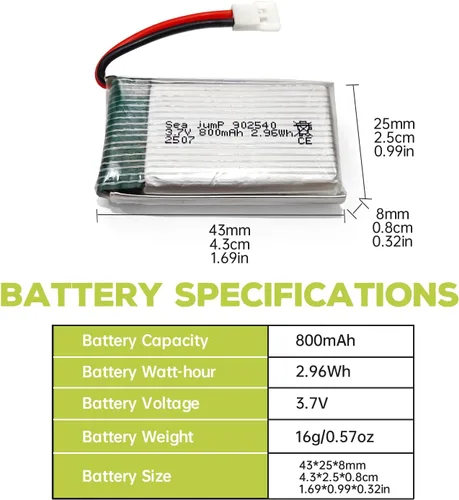 Vista 3 de sea jump Batería Lipo de 3.7 V 800 mAh 25C con enchufe Molex y cable de carga USB compatible con WLtoys SYMA la mayoría de drones, cuadricópteros