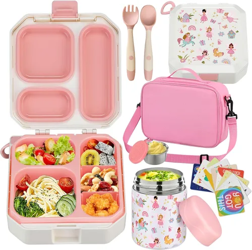 Vista 11 de wiwens - Lonchera Bento para niños con termo de sopa de 12 onzas, contenedor de comida para almuerzo a prueba de fugas con 5 compartimentos, termo