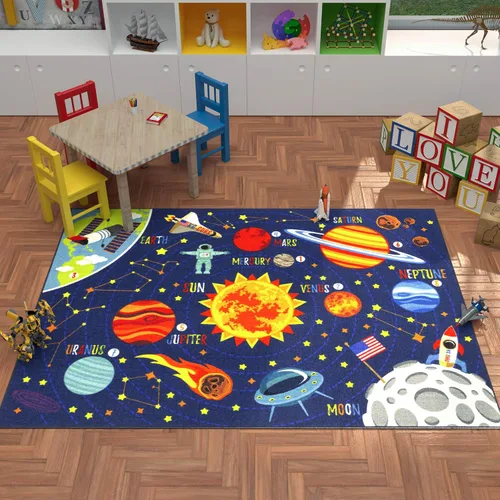 Vista 6 de KC Cubs 8x10 Alfombra de Coches de Juguete del Sistema Solar del Espacio Exterior – Alfombra de Juego Educativa para Niños, Pequeños, Guardería
